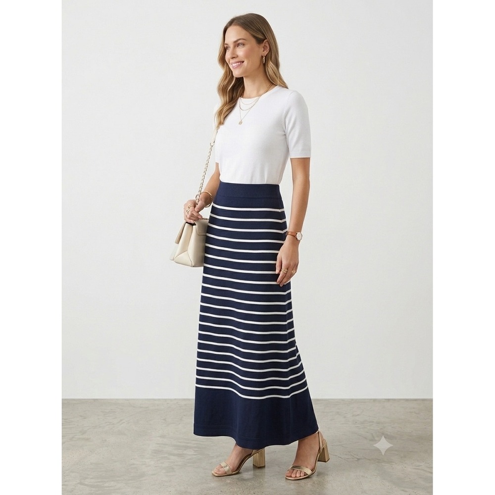 Lafayette 148 striped knit a line maxi skirt Size S navy marine lagenlook boho‎